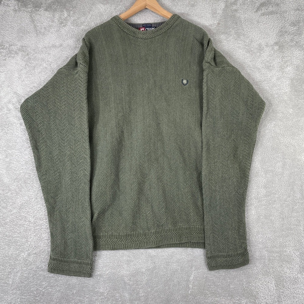 Chaps Ralph Lauren Sweater Mens XL Green Herringbone Knit Cotton Logo Pullover